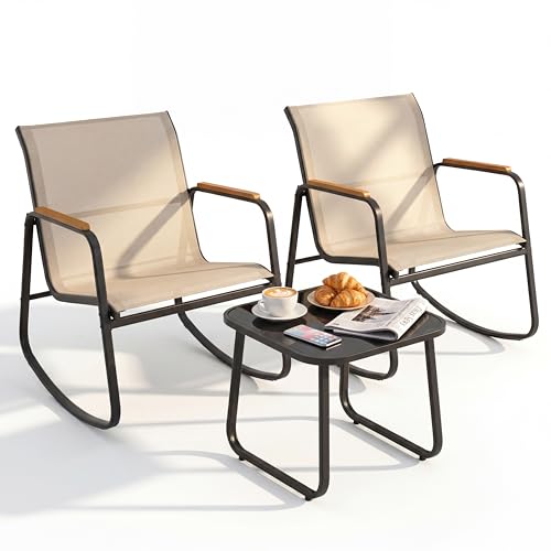 DWVO Patio Rocking Bistro Set, 3 Piece Durable Textilene Outdoor Furniture Set, Wooden Armrest Rocker Chairs & Glass Table for Garden, Balcony & Poolside, Beige