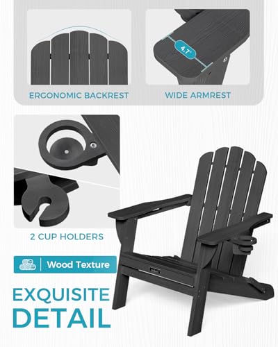 Eesdom Folding Adirondack Chair,All-Weather HDPE Fire Pit Chair with 2 Cup Holders, Plastic Outdoor Chair for Patio Deck Garden Lawn, Black