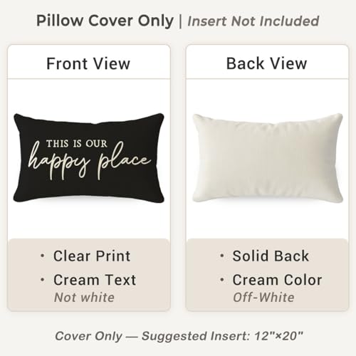 PANDICORN Farmhouse Throw Pillow Covers 12x20 Set of 2 Welcome This is Our Happy Place Black Outdoor Back Front Porch Patio Decorations Lumbar Decorative Throw Pillows Cases for Home Couch Bench Decor