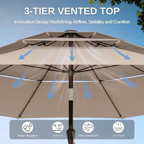 Patio Kingdom 10ft Patio Umbrella, 3 Tier Outdoor Market Table Umbrellas with 8 Fiberglass Ribs and Push Button Tilt, Windproof, Vented Canopy, UV Protection for Deck, Pool, Backyard, Beige