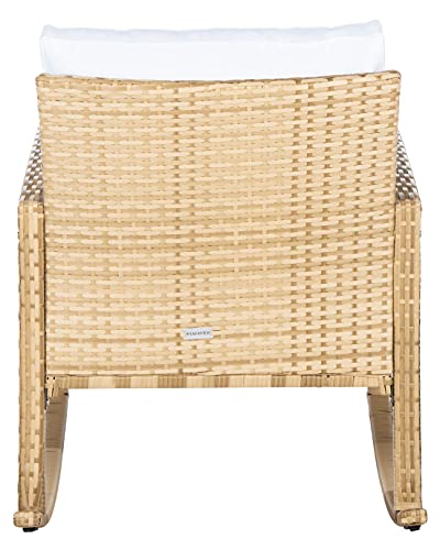 SAFAVIEH Outdoor - Daire Rocking Chair - Natural & White - Steel Frame Faux & Rattan with Cushion - Open-Frame Design - Ideal for Patio, Deck, Porch, Backyard, 14.4" Seat Height (PAT7721D)