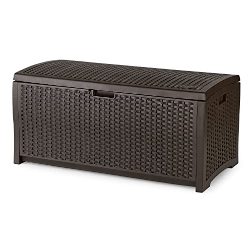 Suncast Outdoor Storage Box - 73 Gallon Mocha Brown Deck Box for Patio, weather-resistant Outdoor Storage Bench, Resin Wicker Style, Heavy-Duty, Lockable Lid for Cushions, Shoes, Pool & Garden Gear