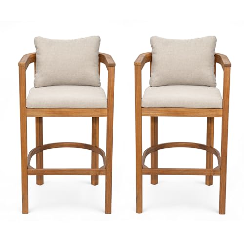 Christopher Knight Home Kuart Acacia Wood Outdoor Bar Stool Set of 2 with Cushion, Patio Armchair Set for Bar Table, Wooden Counter Height Patio Bar Stool with Footrest, Teak+Beige