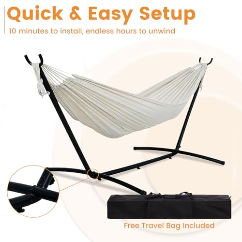 Lazy Daze Portable Hammock with Stand, Free Standing Hammocks for Indoor Outdoor Patio Yard, Has a Carrying Bag and Pillow, 9ft Steel Hamacas Heavy Duty 2 Person Amaca 450 lbs Capacity(White)