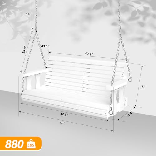 VINGLI Upgraded Patio Wooden Porch Swing for Courtyard & Garden, Heavy Duty 880 LBS Swing Chair Bench with Hanging Chains for Outdoors (White, 4 FT)