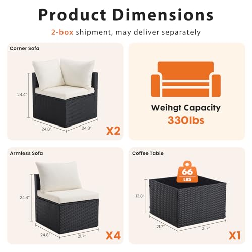 Sweetcrispy 7-Piece Outdoor Patio Sectional Sofa, Modular PE Wicker Outdoor Sectional with Thick Cushions, Rattan Patio Sofa Set with Coffee Table for Backyard, Poolside, Garden, Deck, Black