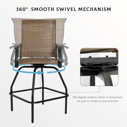 LEVELEVE Patio Bar Set 2pcs Swivel Bar Stools Outdoor Bistro Textilene Furniture Stability All-Weather Set (2, Dark Brown Fabric)