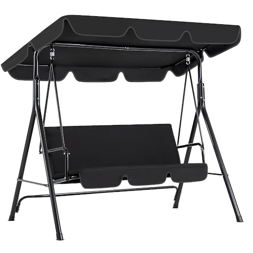 AECOJOY Porch Swing with Stand, Outdoor Swings for Adults, 3-Seat Outdoor Swing with Canopy, Outside Swing Bench with Removable Cushion, Suitable for Backyard, Garden, Yard, Poolside, Balcony (Black)