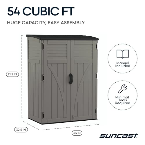 Suncast Outdoor Storage Cabinet Waterproof Resin Vertical Outdoor Storage Shed (54 cu. ft.) for Patio, Garden Tools, Cushions, & Equipment. Weatherproof Plastic Multi-Wall Design, Capacity Made in USA