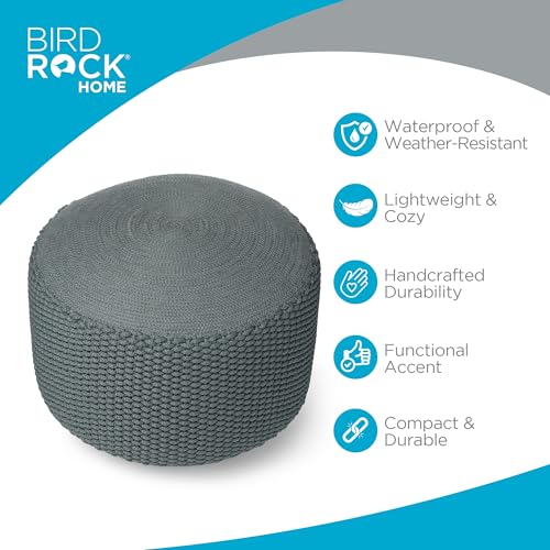 BIRDROCK HOME Outdoor Pouf Ottoman - Mist - Woven Indoor or Backyard Patio Use - Floor Footstool for Living Room- Knit Bean Bag - Oversized Padded Chair - Moroccan Foot Rest