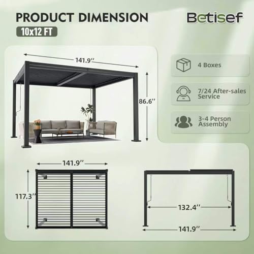 BETISEF 10x12 FT Outdoor Louvered Pergola, Hardtop Gazebo with 2 Independent Adjustable Roofs and Drainage System, Metal Patio Pavilion for Deck, Garden, Dark Gray