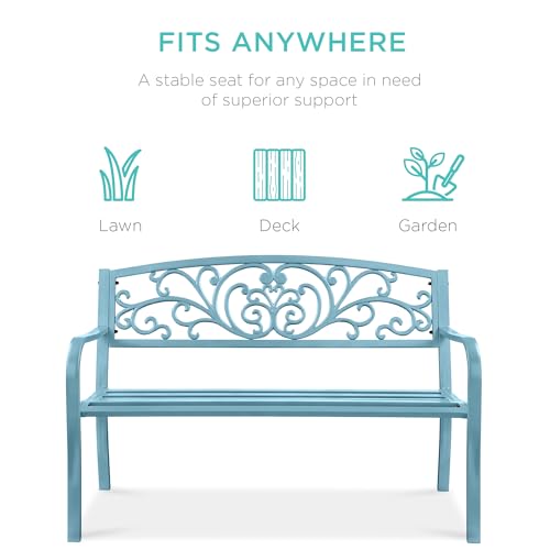 Best Choice Products Outdoor Bench Steel Garden Patio Porch Furniture for Lawn, Park, Deck w/Floral Design Backrest, Slatted Seat - Sky Blue