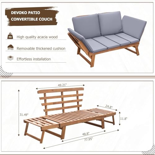Devoko Outdoor Couch Acacia Wood Patio Couch with Adjustable Armrests, Outdoor Convertible Sofa with Removable Cushions & Pillows for Patio, Porch, Poolside(Grey)