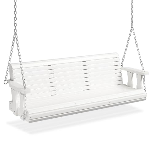 VINGLI Upgraded Patio Wooden Porch Swing for Courtyard & Garden, Heavy Duty 880 LBS Swing Chair Bench with Hanging Chains for Outdoors (5 FT, White)