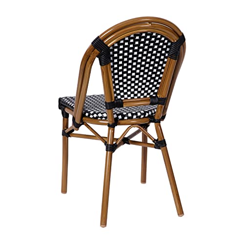 Flash Furniture Bordeaux Set of 2 Indoor/Outdoor Commercial Bistro Stack Chairs - Black/White PE Rattan Back and Seat - Natural Bamboo Print Aluminum Frame