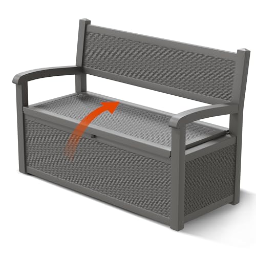 GULAIMOAO 80 Gallon Outdoor Storage Box, Resin Patio Furniture with Armrest, Lockable Deck Box with Waterproof and UV Resistant for Patio Cushions, Garden Tools and Pool Supplies, Grey