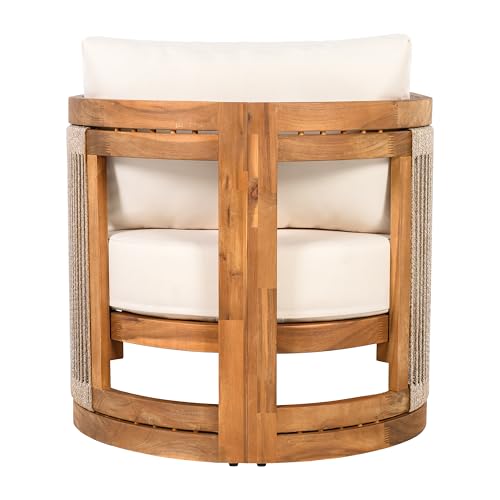 Christopher Knight Home Dora Set of 2 Patio Club Chair with Cushions, Acacia Wood Lounge Chair Outdoor, Woven Accents, Curved Design Side Chair for Balcony Backyard Garden Poolside, Beige + Teak