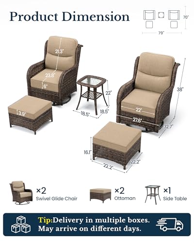 HILLGA 5-Piece Luxury Patio Furniture Set with 6" Thick Cushions, Weather-Resistant Wicker High Back Swivel Rocker Chairs, Senior-Friendly Conversation Set for Small Porch, Deck and Sunroom, Beige(V2)