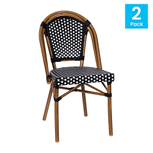 Flash Furniture Bordeaux Set of 2 Indoor/Outdoor Commercial Bistro Stack Chairs - Black/White PE Rattan Back and Seat - Natural Bamboo Print Aluminum Frame