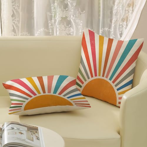 JEFERSO Summer Pillow Covers 18x18 Set of 2 Colorful Stripes Yellow Sunshine Decorations Outdoor Throw Pillows Boho Rainbow Sun Pillowcase Linen Decor Modern Farmhouse Cushion Case for Home Bedroom