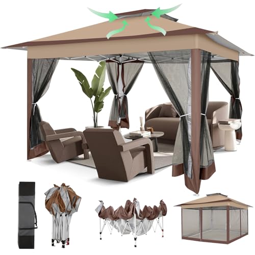 COBIZI 12x12 Pop Up Gazebos On Clearance - Upgrade Easy Up Metal Outdoor Gazebo Waterproof - Portable Gazebo with Mosquito Nettings, 4 Ropes 8 Stakes and Carry Bag for Patio Garden(Coffee)