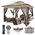 COBIZI 12x12 Pop Up Gazebos On Clearance - Upgrade Easy Up Metal Outdoor Gazebo Waterproof - Portable Gazebo with Mosquito Nettings, 4 Ropes 8 Stakes and Carry Bag for Patio Garden(Coffee)