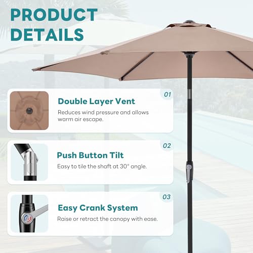 OLIXIS 7.5ft Patio Umbrella with Tilt and Crank Button & 6 Sturdy Ribs Waterproof, 7.5 Feet Patio Table Umbrella Sun Shade for Poolside, Terrace, Beach and Outdoor Restaurant, Khaki