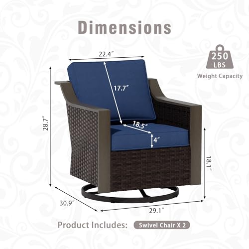 Qsoer Outdoor Wicker Swivel Chair Set of 2, All-Weather Use Patio Rattan Chair with Removable Water-Resistant Cushion, Ideal for Porch, Backyard, Balcony, Poolside, Blue