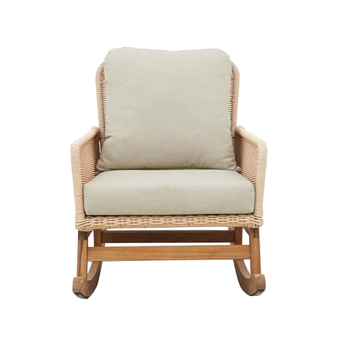 Christopher Knight Home Nadine Patio Rocking Chair, Wicker Rocker, Wood Leg Rocking Chair, PE Rattan Wicker Chair, Rocking Chair with Cushions, Comfort Wicker Rocker for Backyard Balcony Porch, Beige