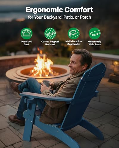 YEFU Oversized Adirondack Chair with Cup-Holder,Plastic Outdoor Fire Pit Chair, Weather Resistant, Poly Lumber Chair, Used in Patio, Lawn, Deck,Heavty Duty,Weight Capacity 450lbs-Navy Blue