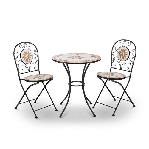 Alpine Corporation Indoor/Outdoor 3-Piece Mosaic Bistro Set Folding Table and Chairs Patio Seating, Tan