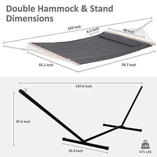 SUNCREAT 2 Person Hammock with Stand, Heavy Duty Portable Hammocks, 475 lbs Capacity, Dark Grey