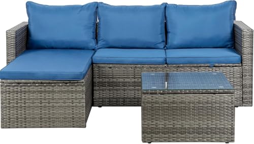 Shintenchi Outdoor Patio Furniture Sets, Small Outdoor Sofa Patio Sectional Sets 3-Piece All Weather Wicker Rattan Seating Sofas with Glass Coffee Table and Cushion (Blue)