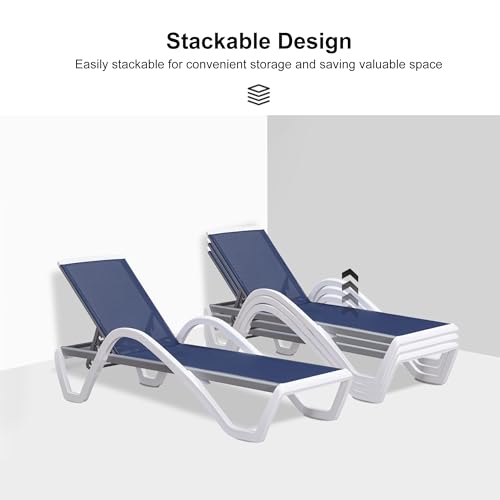 PURPLE LEAF Patio Chaise Lounge Chair Set of 3 Outside Aluminum Plastic Stackable Tanning Chairs with Armrests and Side Table for Pool Sunbathing Beach Deck Outdoor Lounger, Navy Blue