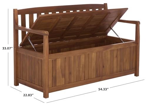 SAFAVIEH Outdoor Patio Furniture Collection – Kelter Solid Teak Wood Bench Box with Storage, Slatted Design, Versatile Indoor/Outdoor Seating (PAT6813A)