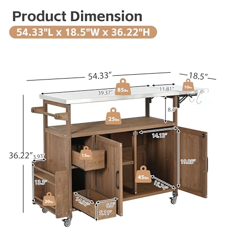 Christopher Knight Home Edsel Outdoor Bar Cart with Stainless Steel Top and Lockable Wheels, Solid Wood Outdoor Storage Cabinet, Kitchen Island Serving Cart for Poolside, Garden, Natural Brown+Silver