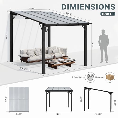 AirWire 10'x8' Wall-Mounted Lean to Gazebo with Aluminum Frame & Polycarbonate Panel, 8x10 FT Hardtop Pergola with Sloped Roof for Backyard, Porch, Deck