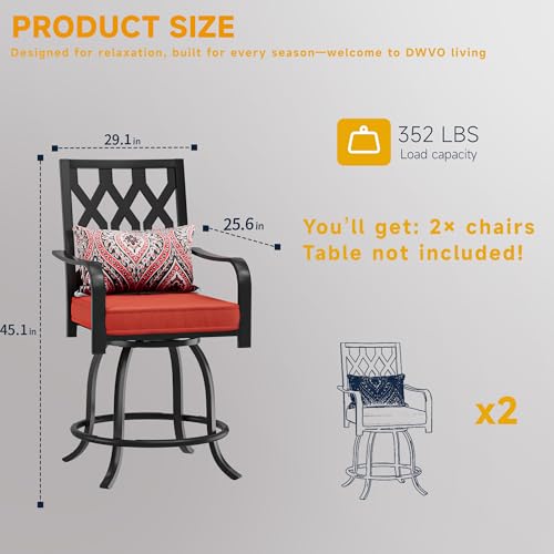 DWVO Metal Outdoor Bar Stools Set of 2, Heavy-Duty Bar Height Outdoor Chairs 352 Lbs Capacity, All-Weather E-Coated Swivel Barstools with Red Cushion & Paisley Pattern Pillow for Patio Deck Balcony
