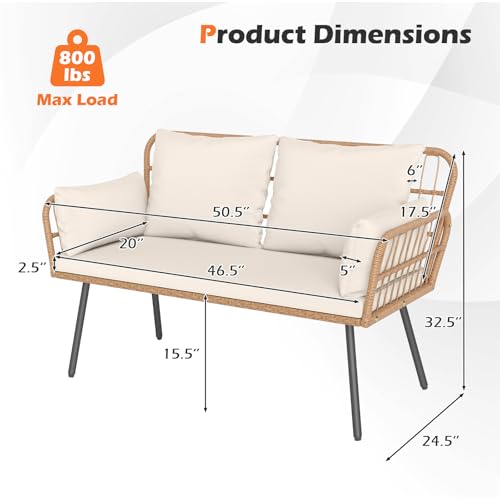 Tangkula Patio Wicker Loveseat, Outdoor 2-Seater PE Rattan Sofa with Pillows, Cushions, Metal Frame & Adjustable Foot Pads, 800 lbs Outside Couch for Porch, Backyard & Poolside (Off White, 50.5" L)