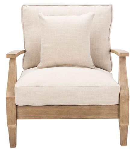 SAFAVIEH Couture Outdoor - Martinique Armchair - Natural & Beige - Solid Wood - Slatted Coastal Design - Ideal for Patio, Deck, Porch, Backyard, 18.3" Seat Height (CPT1011A)