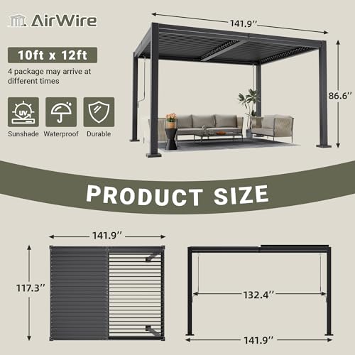 AirWire 10x12 FT Louvered Pergola, Outdoor Pergola with 2 Independent Adjustable Roof and Drainage System, Metal Patio Pavilion, Hardtop Gazebo for Patio, Deck, Garden, Dark Gray