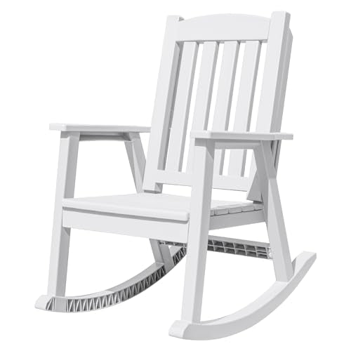 Devoko PP Material Rocking Chair Outdoor Indoor All Weather High Back Patio Rocker for Adult Heavy Duty Rocking Chair for Patio Backyard Porch Garden (Heavy Duty, White)