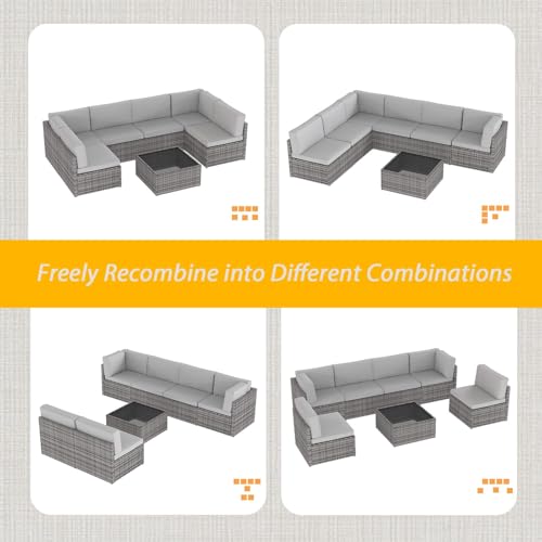 AECOJOY 7 Piece Outdoor Patio Furniture Set, Outdoor Sectional Conversation Furniture Chair with Coffee Table,Patio Sectional for Garden,Backyard(Grey Cushions and Grey PE Rattan, with Cover)
