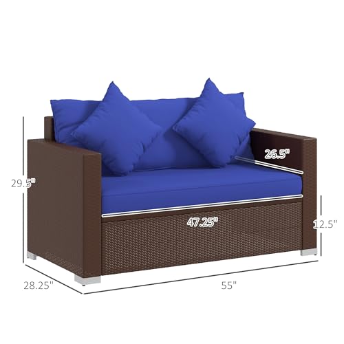 Outsunny Patio Wicker Loveseat with Cushions, 2-Seat Outdoor PE Rattan Couch Sofa with Throw Pillows, for Porch, Backyard, Garden, Poolside, Blue