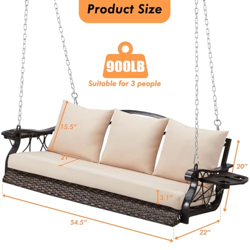 ZZW 3-Person Wicker Porch Swing Chair Heavy Duty 900 LBS Outdoor Rattan Patio Swing Chair w/Cup-Holder & Steel Chains Hanging Bench Porch Swing Cushions for Deck & Backyard & Garden