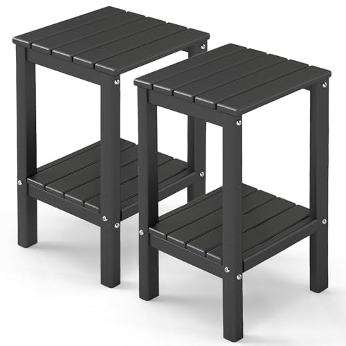 GREENVINES Tall-Outdoor-Side-Table Set of 2 | 23.5" | HDPE Plastic | Patio Adirondack End Tables | All Weather | 2-Tier | Black | for Porch Garden Indoor & Rocking Chairs