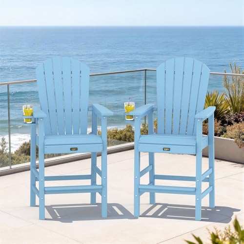 VINGLI Tall Adirondack Chairs Set of 2, All-Weather Plastic Adirondack Chair with Cup Holders, Heavy-Duty HDPE Outdoor Bar Stools for Patio, Balcony, Pool, Backyard (Blue, 2 PCS)
