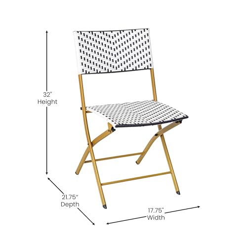 Flash Furniture Rouen Commercial Grade Folding Bistro Set, Indoor/Outdoor PE Rattan Table Top, Back and Seat, Natural Steel Frames, 3 Piece Set, Navy/White