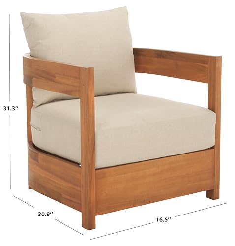 SAFAVIEH Outdoor Patio Furniture Collection - Kento Natural Wood Arm Chair Set of 2 with Taupe Cushions, Wide & Deep Comfortable Seating, Modern Design (PAT7097A)