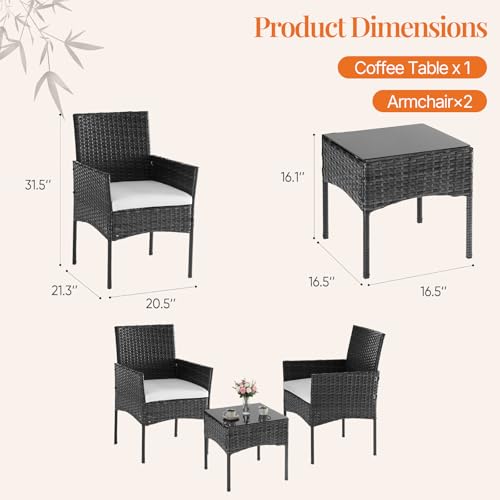 Sweetcrispy 3 Piece Patio Furniture Set, All-Weather Outdoor Conversation Set with Removable Cushions & Tempered Glass Table, Small Bistro Set for Balcony, Porch, Backyard, Deck, Black